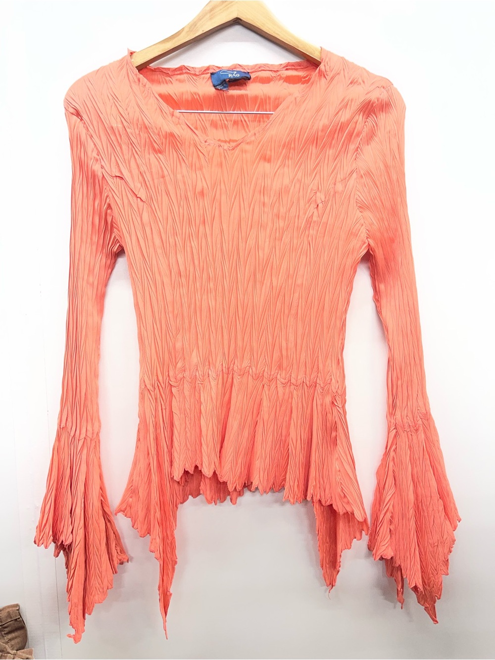 Rag sheer, orange stretch fabric‎ top  mermaid flared sleeves and matching hem